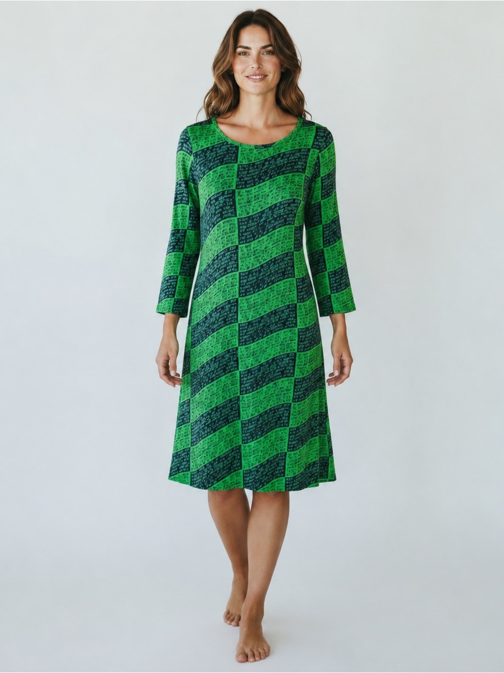 Svaha Shakespeare Sonnet 18 Script Green Organic Cotton Fit & Flare Dress MED
